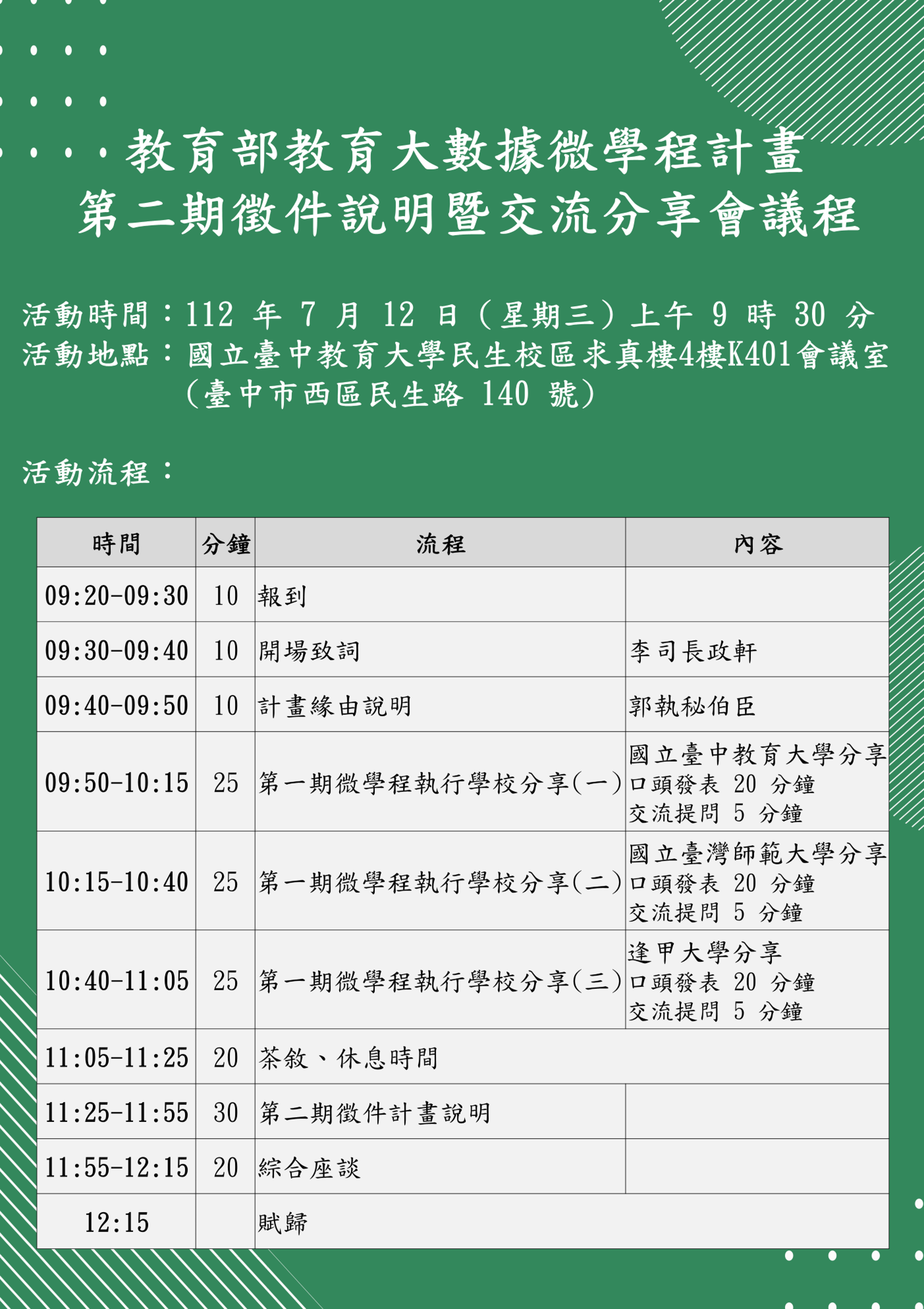 第二期徵件說明會暨學校交流分享會議程